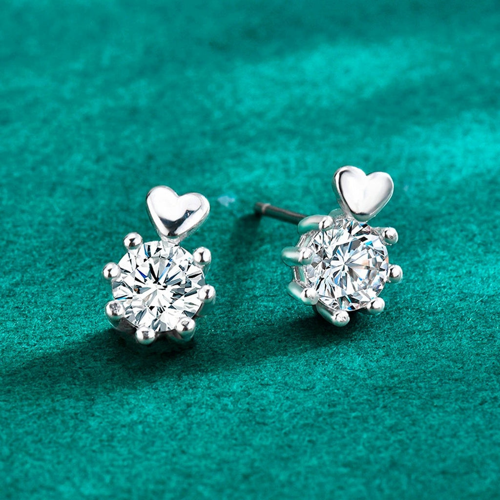 Heart Accent Round Moissanite Stud Earrings in Gold-Plated S925 sterling silver product scene view showing pair comparison