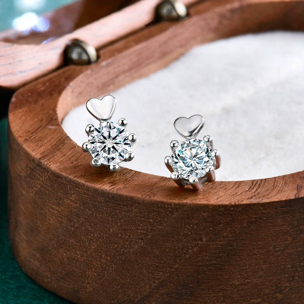 Heart Accent Round Moissanite Stud Earrings in Gold-Plated S925 sterling silver product scene view showing pair comparison