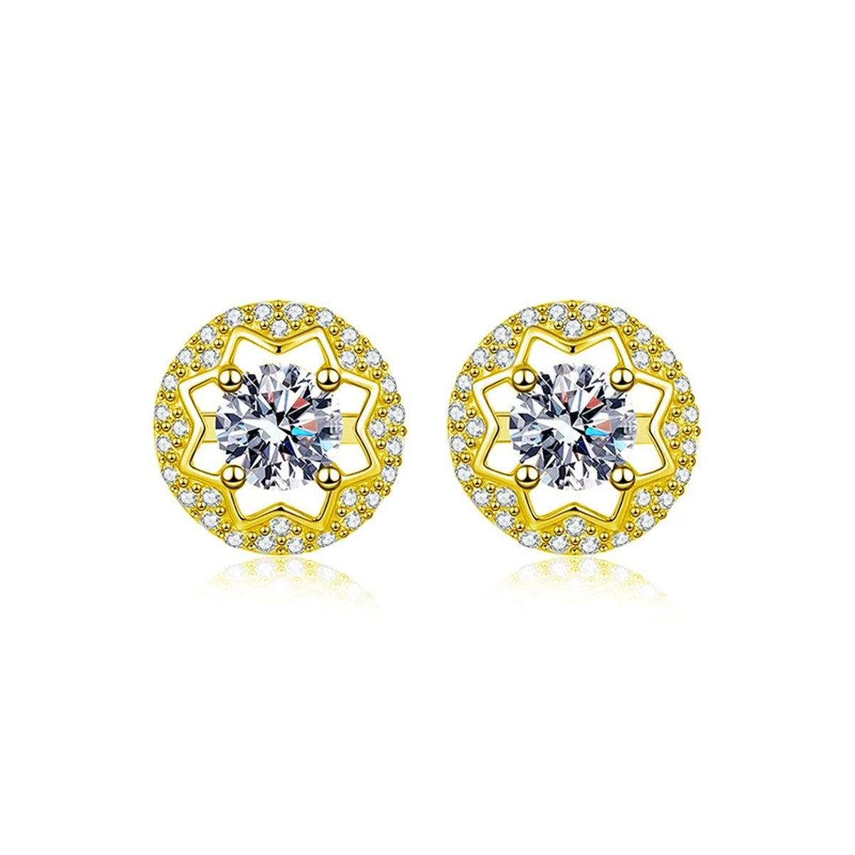 Star Halo Round Moissanite Stud Earrings with CZ in Gold-Plated S925 sterling silver white background product photo showing the pair, stone shape, and stud earrings silhouette