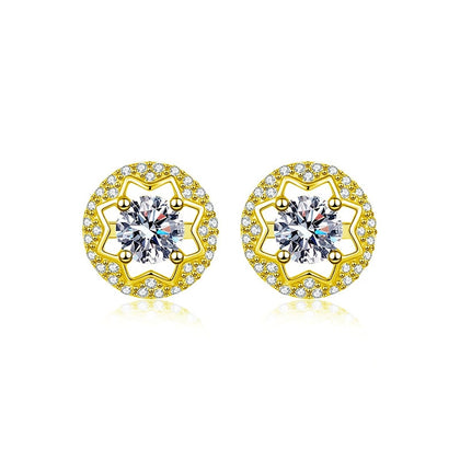 Star Halo Round Moissanite Stud Earrings with CZ in Gold-Plated S925 sterling silver white background product photo showing the pair, stone shape, and stud earrings silhouette