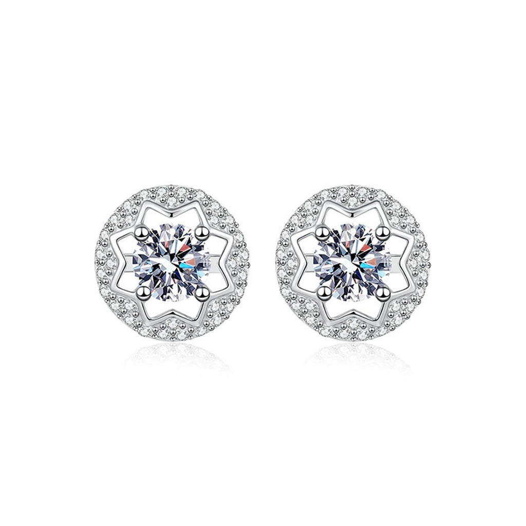 Star Halo Round Moissanite Stud Earrings with CZ in Gold-Plated S925 sterling silver product scene view showing front sparkle