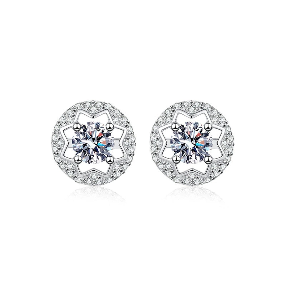 Star Halo Round Moissanite Stud Earrings with CZ in Gold-Plated S925 sterling silver product scene view showing front sparkle