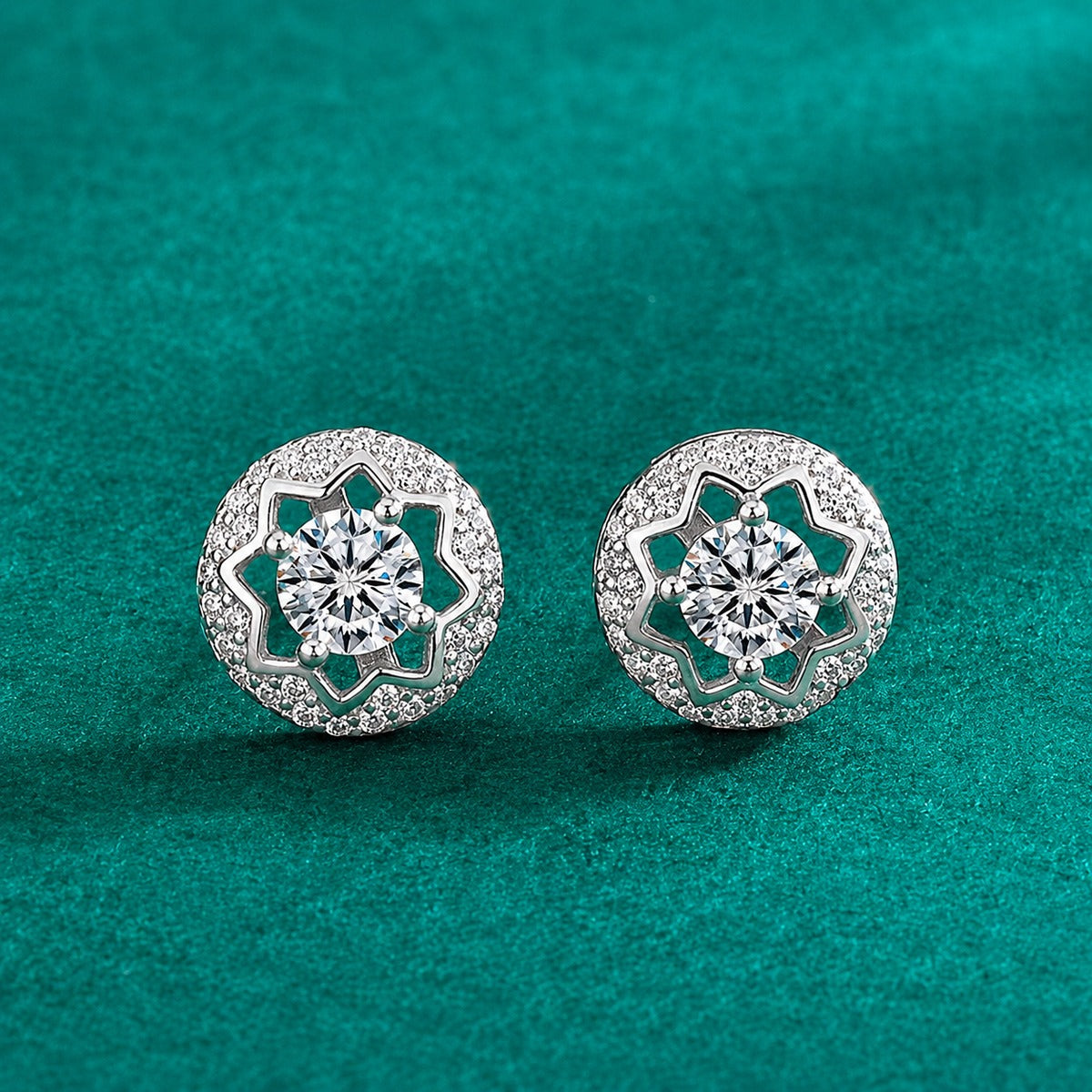 Star Halo Round Moissanite Stud Earrings with CZ in Gold-Plated S925 sterling silver product scene view showing angled setting detail