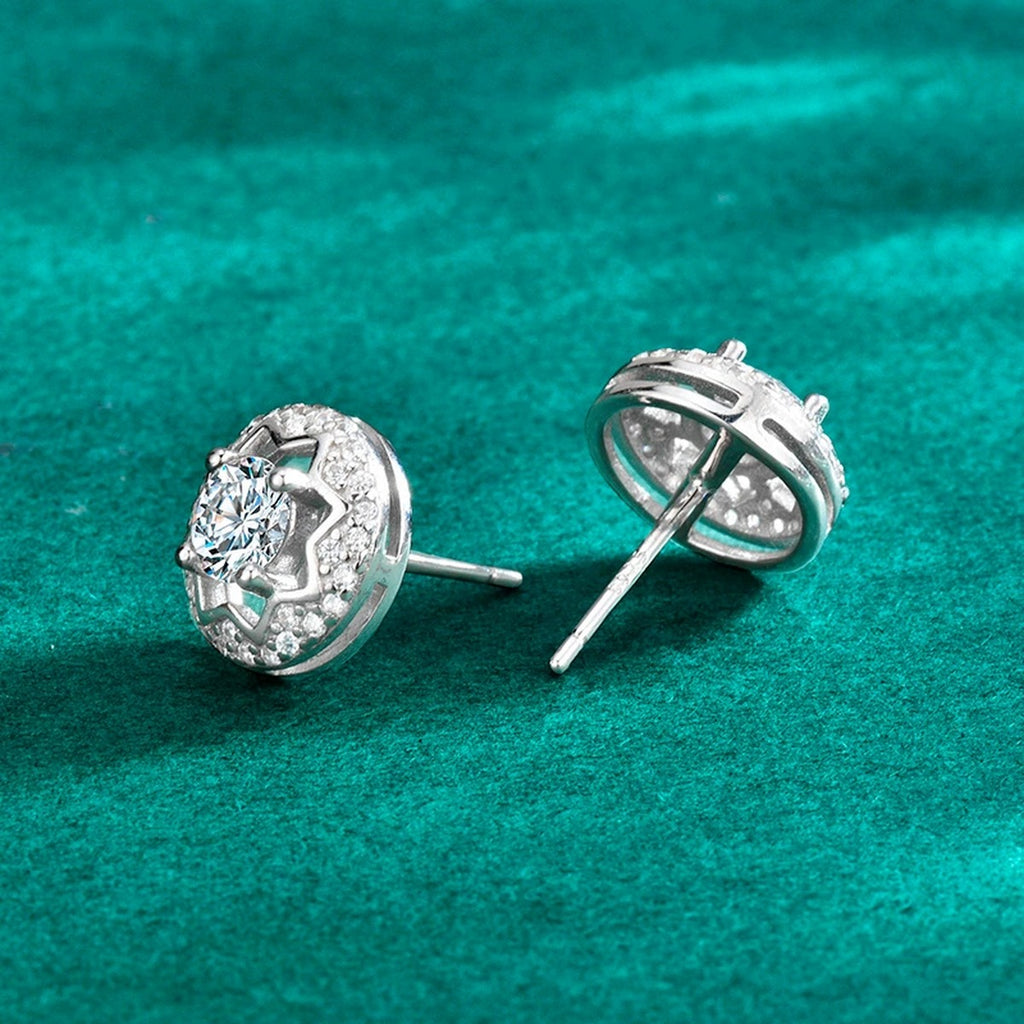 Star Halo Round Moissanite Stud Earrings with CZ in Gold-Plated S925 sterling silver product scene view showing pair comparison