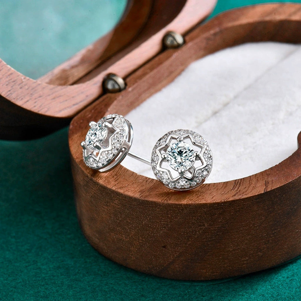 Star Halo Round Moissanite Stud Earrings with CZ in Gold-Plated S925 sterling silver product scene view showing pair comparison