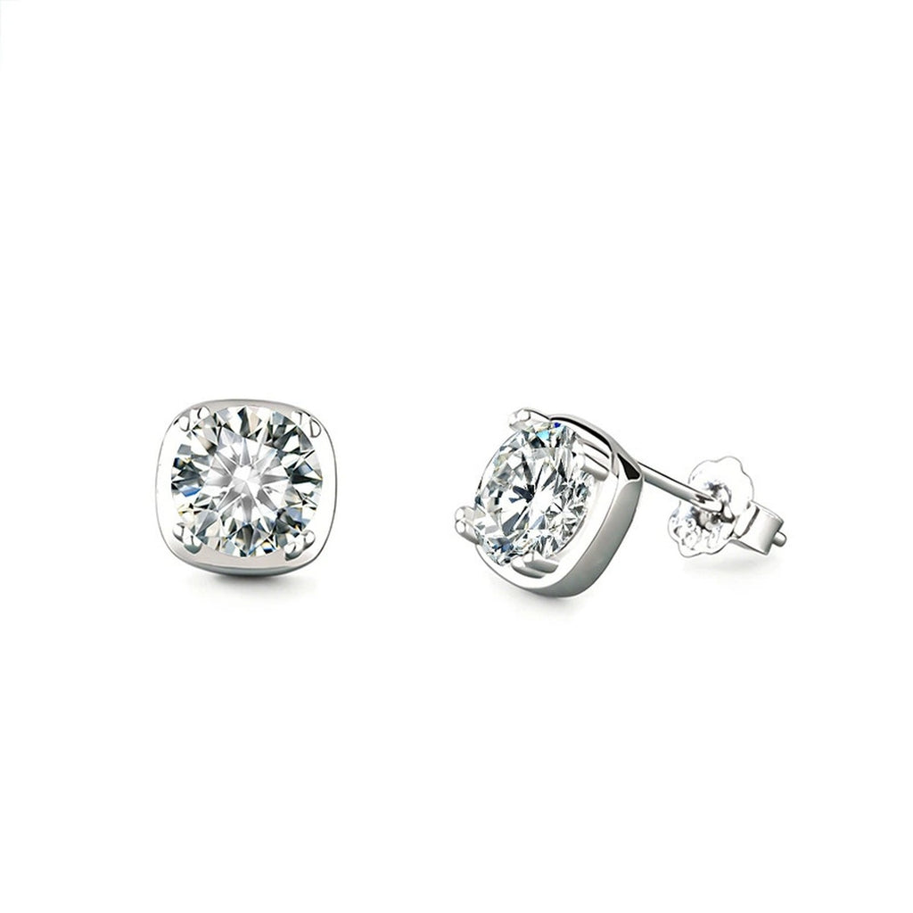 Cushion-Frame Round Moissanite Solitaire Stud Earrings in Gold-Plated S925 sterling silver white background product photo showing the pair, stone shape, and stud earrings silhouette