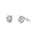 Cushion-Frame Round Moissanite Solitaire Stud Earrings in Gold-Plated S925 sterling silver white background product photo showing the pair, stone shape, and stud earrings silhouette