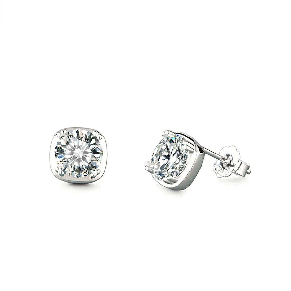 Cushion-Frame Round Moissanite Solitaire Stud Earrings in Gold-Plated S925 sterling silver white background product photo showing the pair, stone shape, and stud earrings silhouette