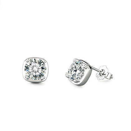 Cushion-Frame Round Moissanite Solitaire Stud Earrings in Gold-Plated S925 sterling silver white background product photo showing the pair, stone shape, and stud earrings silhouette