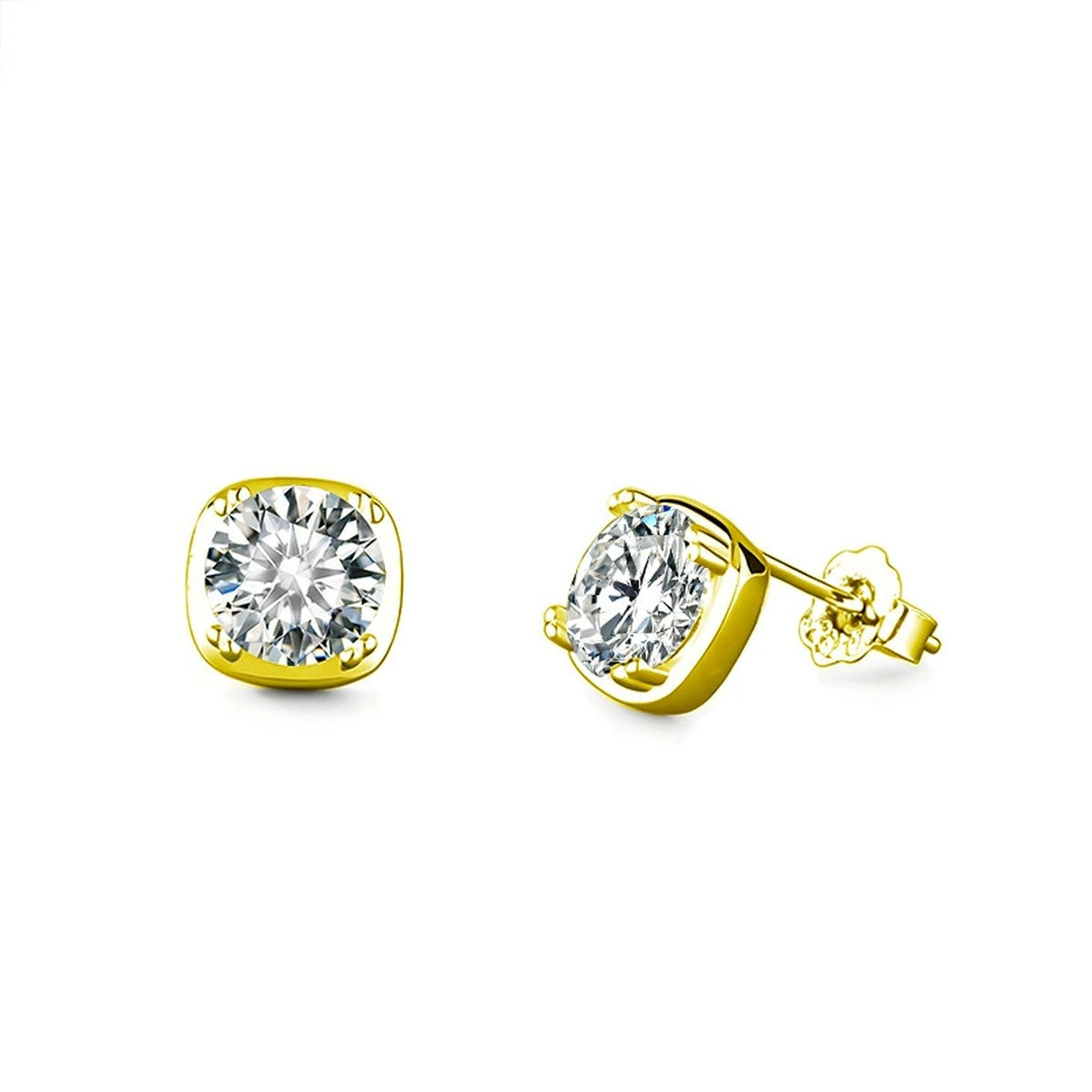 Cushion-Frame Round Moissanite Solitaire Stud Earrings in Gold-Plated S925 sterling silver product scene view showing front sparkle