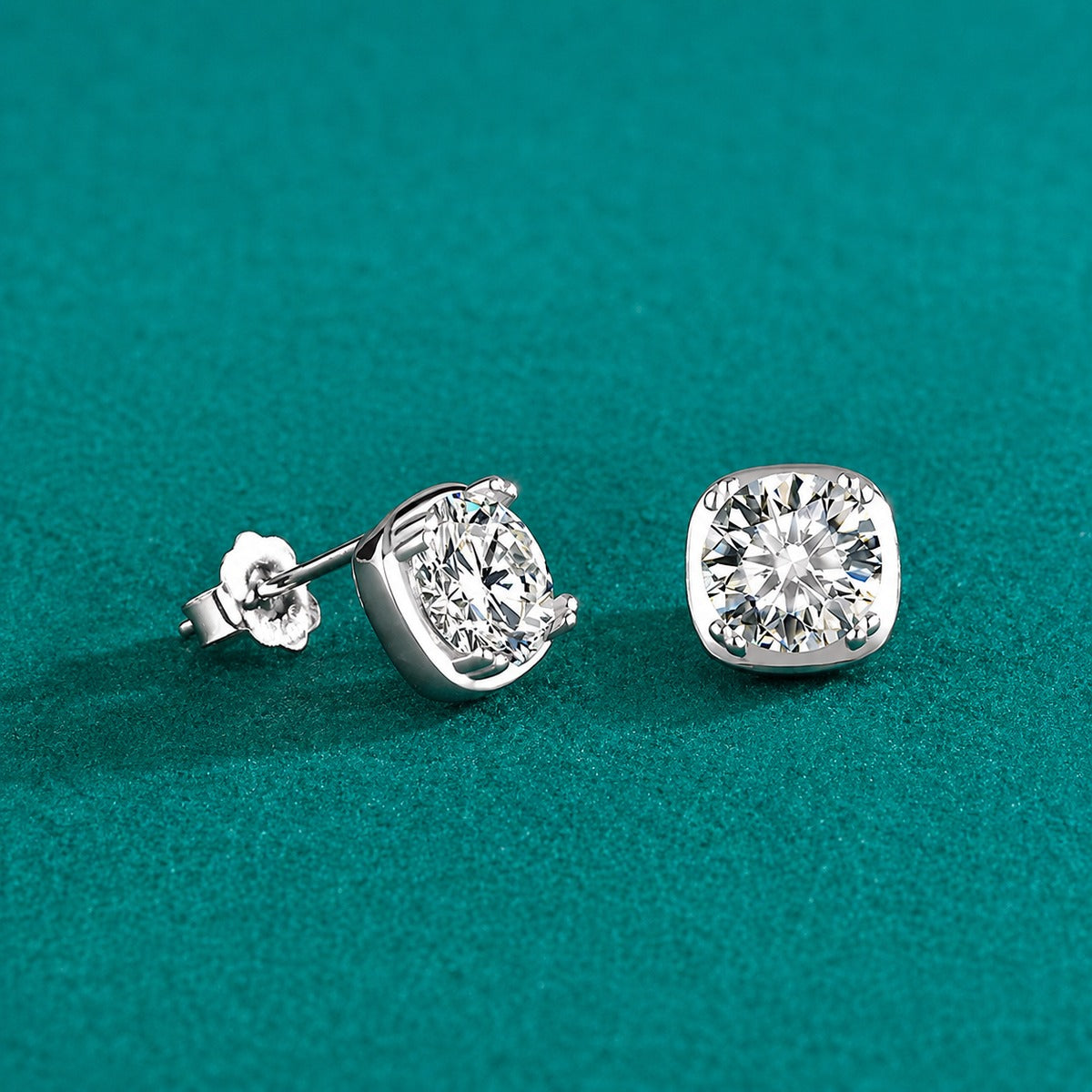 Cushion-Frame Round Moissanite Solitaire Stud Earrings in Gold-Plated S925 sterling silver product scene view showing angled setting detail