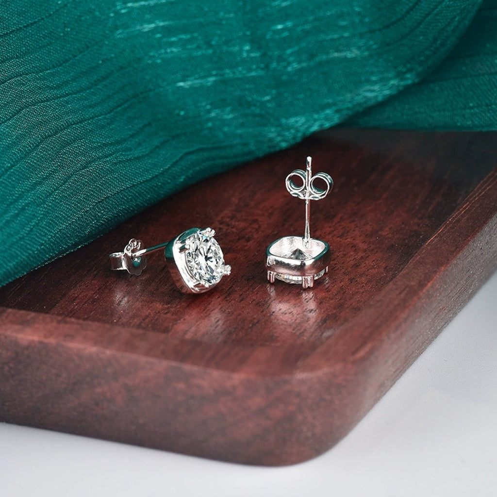 Cushion-Frame Round Moissanite Solitaire Stud Earrings in Gold-Plated S925 sterling silver product scene view showing side profile