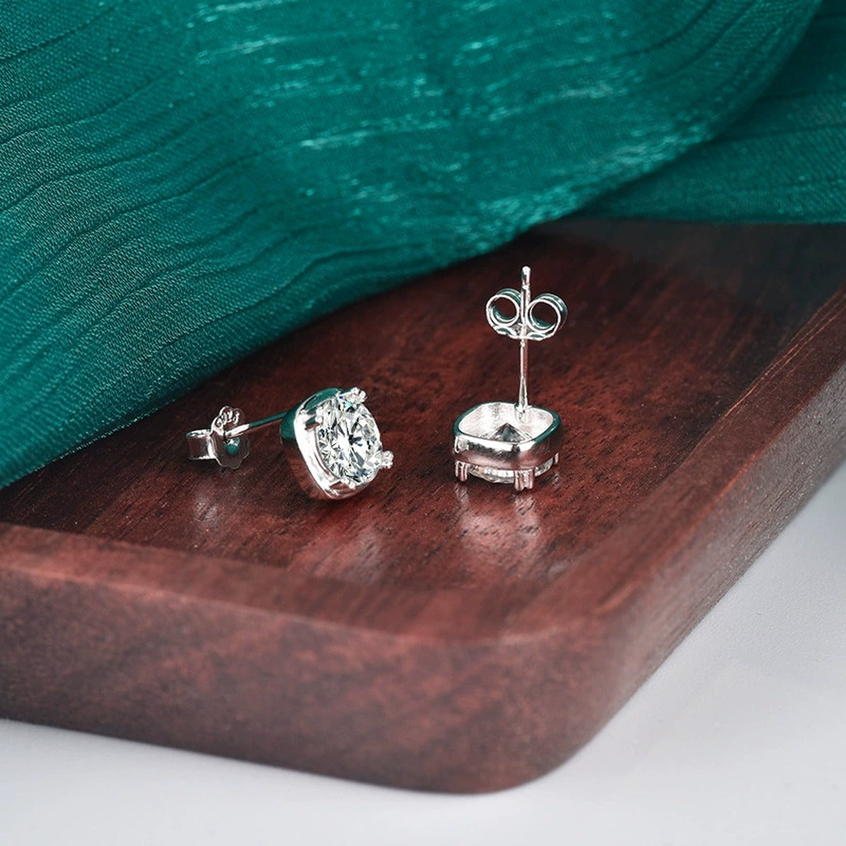 Cushion-Frame Round Moissanite Solitaire Stud Earrings in Gold-Plated S925 sterling silver product scene view showing side profile