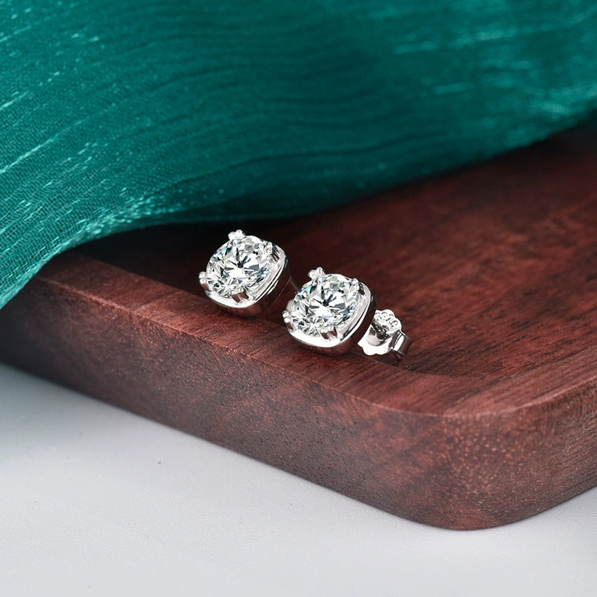 Cushion-Frame Round Moissanite Solitaire Stud Earrings in Gold-Plated S925 sterling silver product scene view showing pair comparison