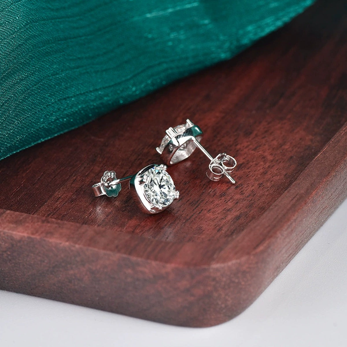 Cushion-Frame Round Moissanite Solitaire Stud Earrings in Gold-Plated S925 sterling silver product scene view showing pair comparison