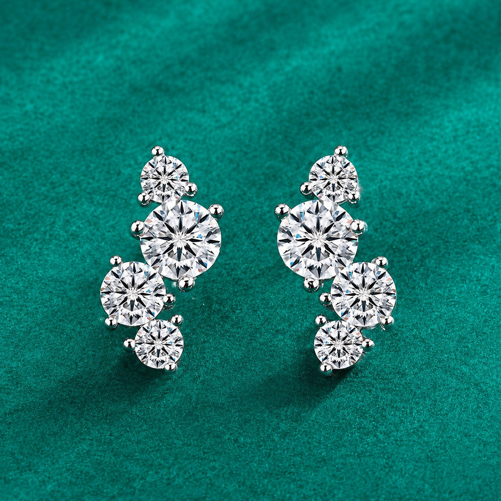 Graduated Round Moissanite Ear Climber Stud Earrings in Gold-Plated S925 sterling silver product scene view showing angled setting detail