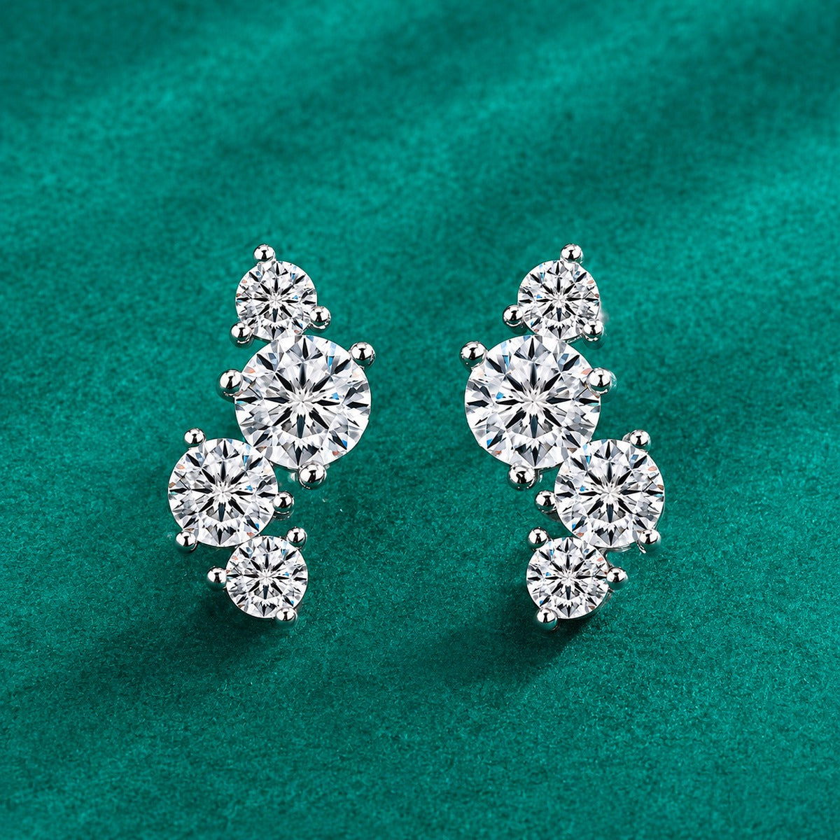 Graduated Round Moissanite Ear Climber Stud Earrings in Gold-Plated S925 sterling silver product scene view showing angled setting detail
