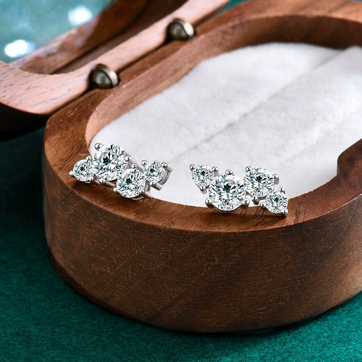 Graduated Round Moissanite Ear Climber Stud Earrings in Gold-Plated S925 sterling silver product scene view showing side profile