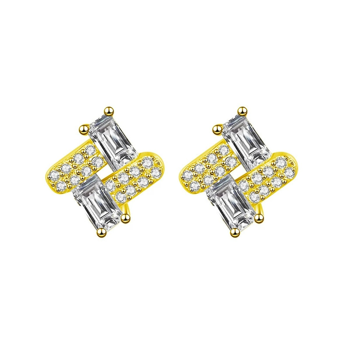 Emerald-Cut Moissanite Geometric Stud Earrings with CZ in Gold-Plated S925 sterling silver white background product photo showing the pair, stone shape, and stud earrings silhouette