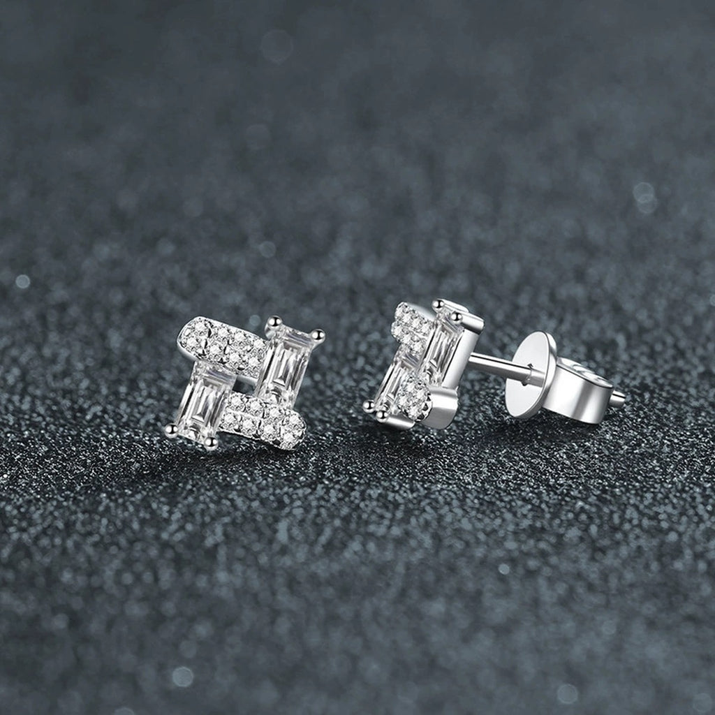 Emerald-Cut Moissanite Geometric Stud Earrings with CZ in Gold-Plated S925 sterling silver product scene view showing angled setting detail