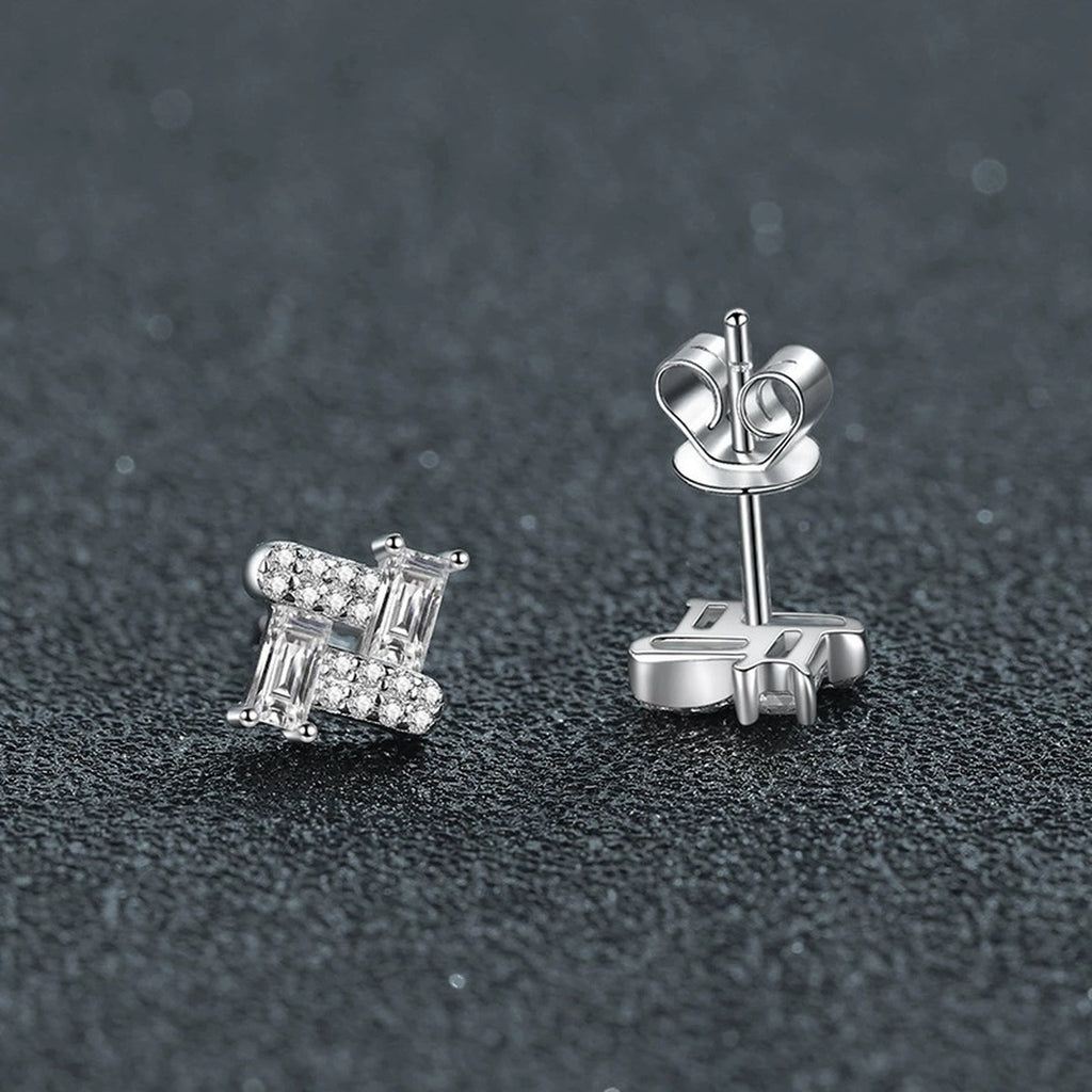 Emerald-Cut Moissanite Geometric Stud Earrings with CZ in Gold-Plated S925 sterling silver product scene view showing side profile