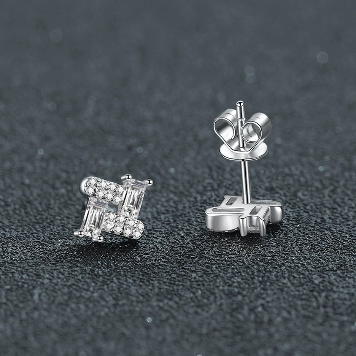 Emerald-Cut Moissanite Geometric Stud Earrings with CZ in Gold-Plated S925 sterling silver product scene view showing side profile