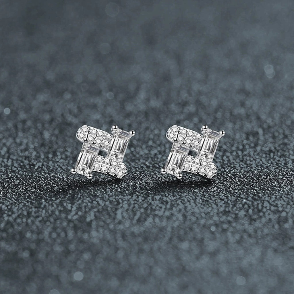 Emerald-Cut Moissanite Geometric Stud Earrings with CZ in Gold-Plated S925 sterling silver product scene view showing pair comparison