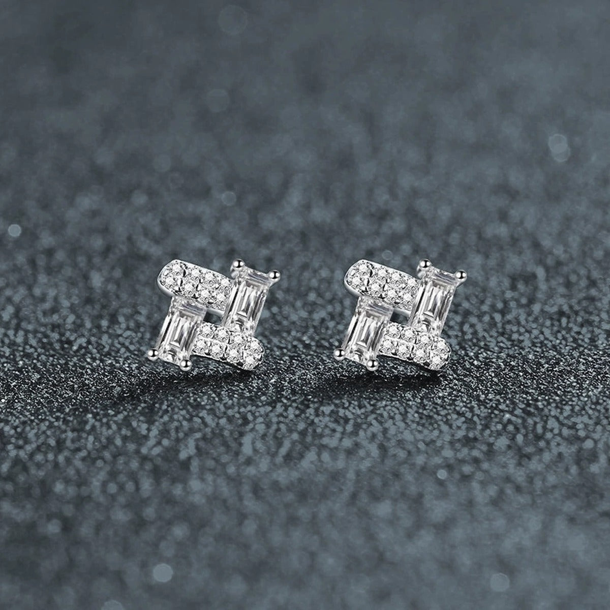 Emerald-Cut Moissanite Geometric Stud Earrings with CZ in Gold-Plated S925 sterling silver product scene view showing pair comparison