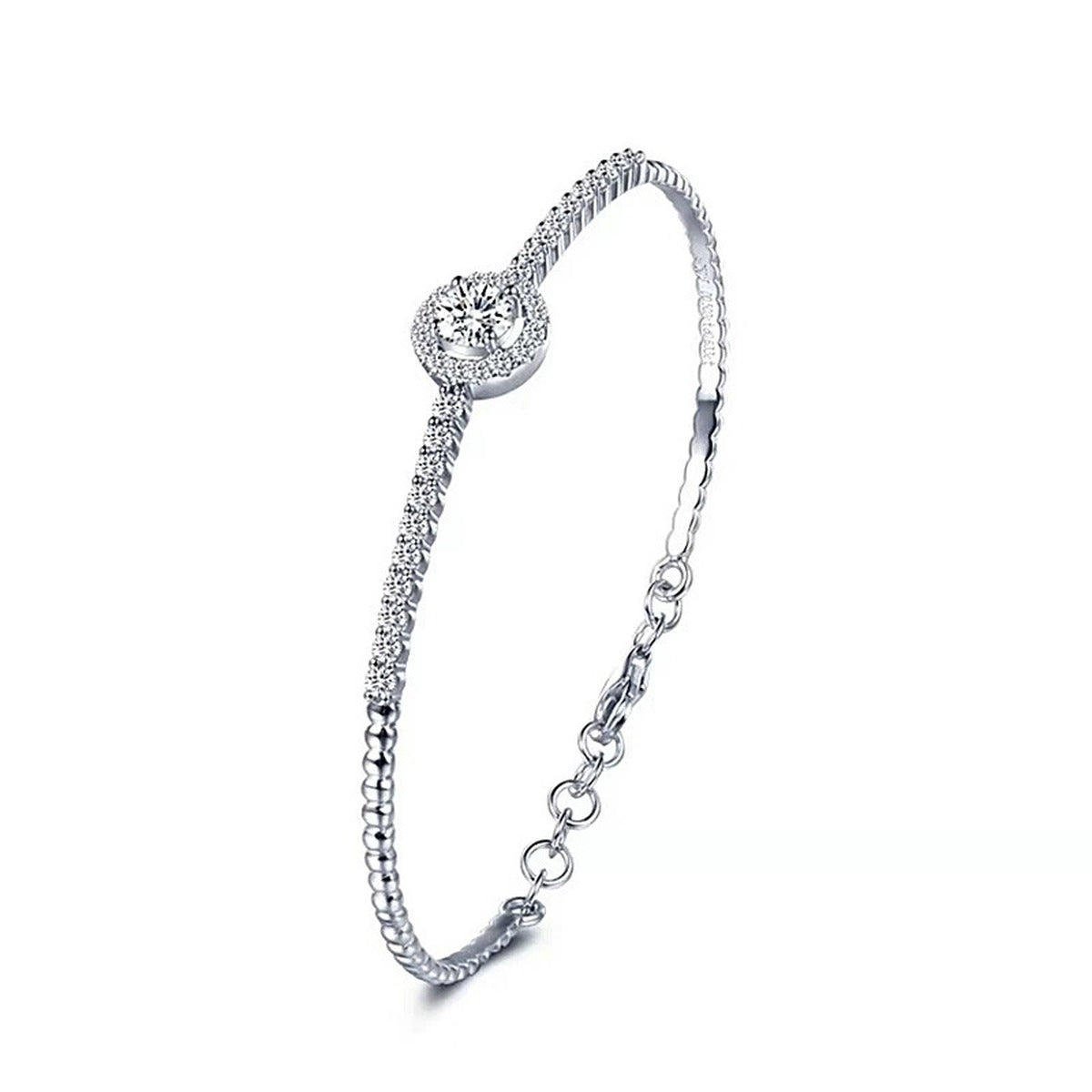 Round Halo Moissanite Bangle Bracelet with CZ in Gold-Plated S925 sterling silver styled product scene showing stone sparkle and chain detail