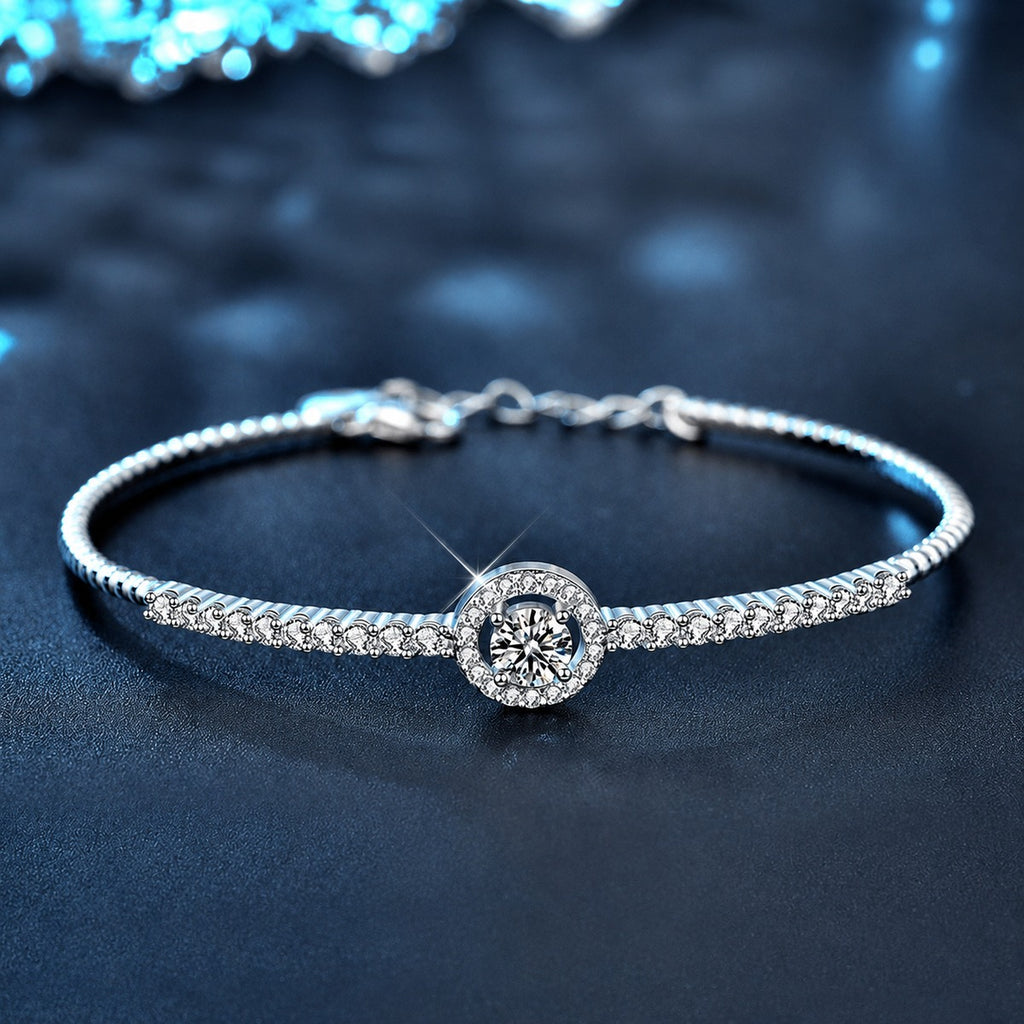 Round Halo Moissanite Bangle Bracelet with CZ in Gold-Plated S925 sterling silver close-up bracelet detail view showing clasp and motif