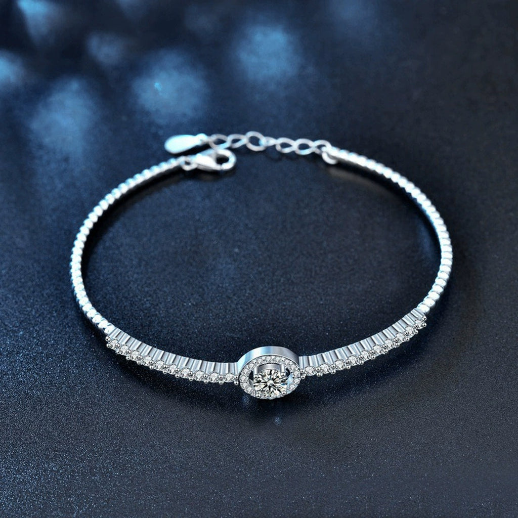 Round Halo Moissanite Bangle Bracelet with CZ in Gold-Plated S925 sterling silver angled product display showing bracelet silhouette