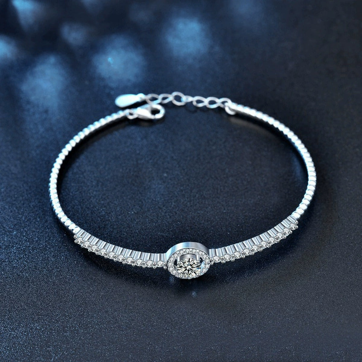 Round Halo Moissanite Bangle Bracelet with CZ in Gold-Plated S925 sterling silver angled product display showing bracelet silhouette