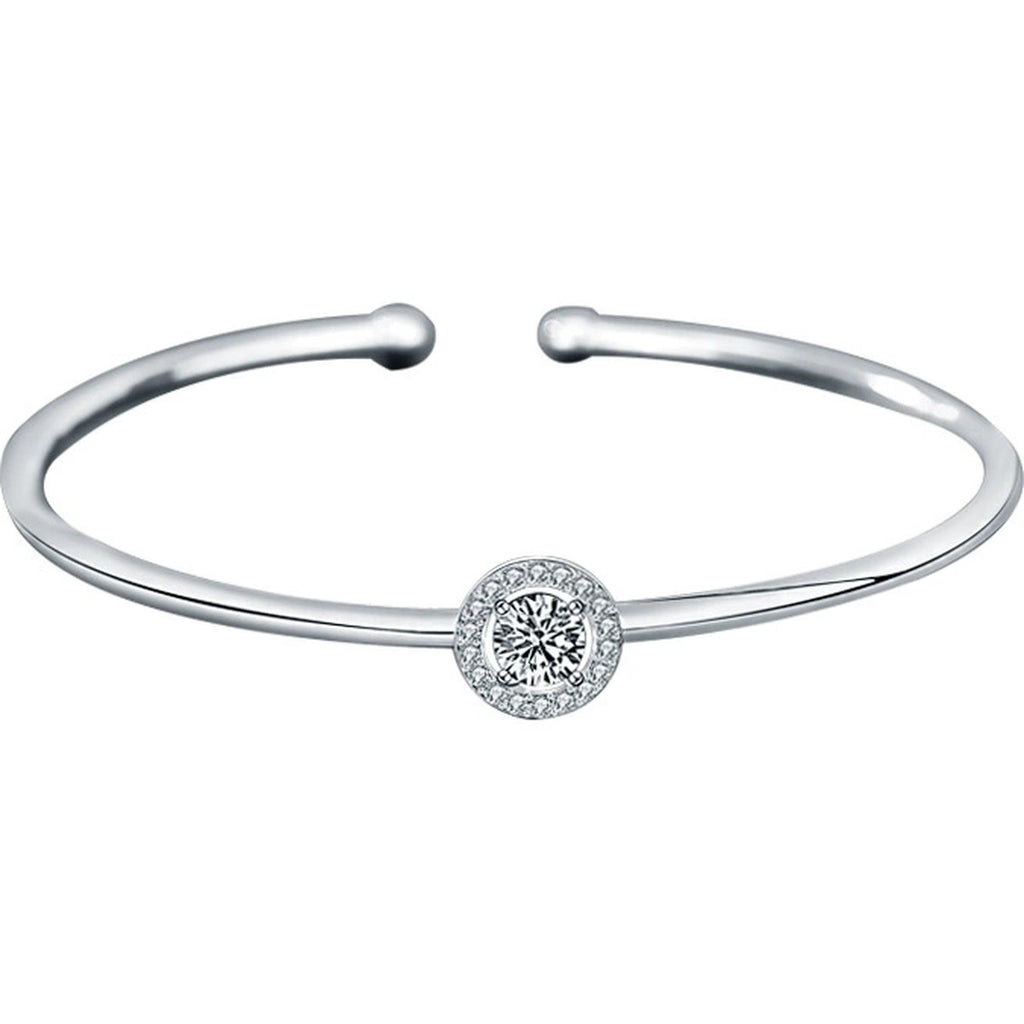 Round Halo Moissanite Adjustable Bangle with CZ in White Gold-Plated S925 sterling silver white background product photo showing bracelet shape and moissanite setting