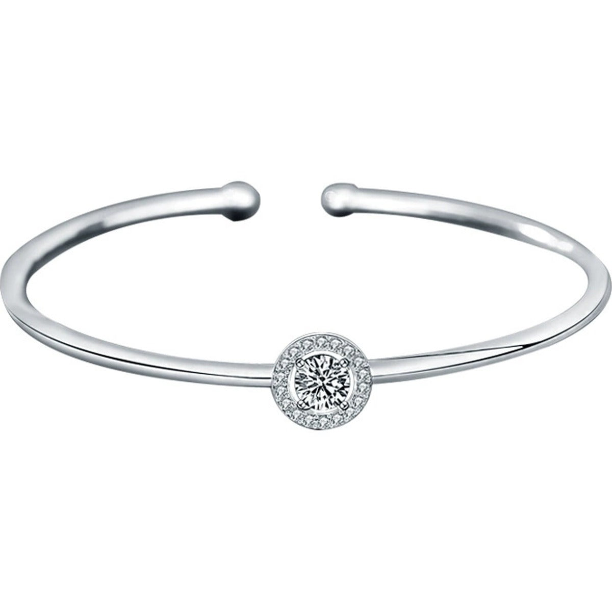 Round Halo Moissanite Adjustable Bangle with CZ in White Gold-Plated S925 sterling silver white background product photo showing bracelet shape and moissanite setting