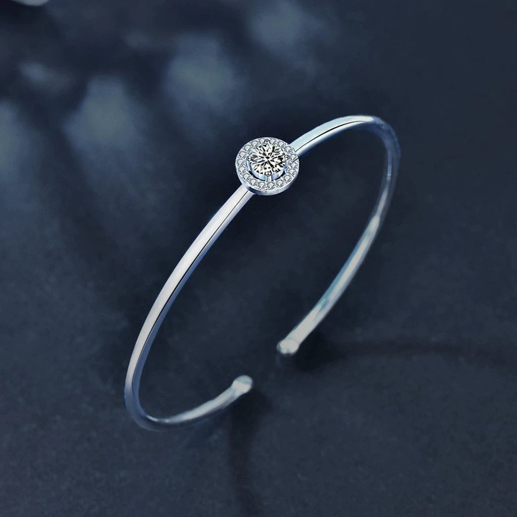 Round Halo Moissanite Adjustable Bangle with CZ in White Gold-Plated S925 sterling silver styled product scene showing stone sparkle and chain detail