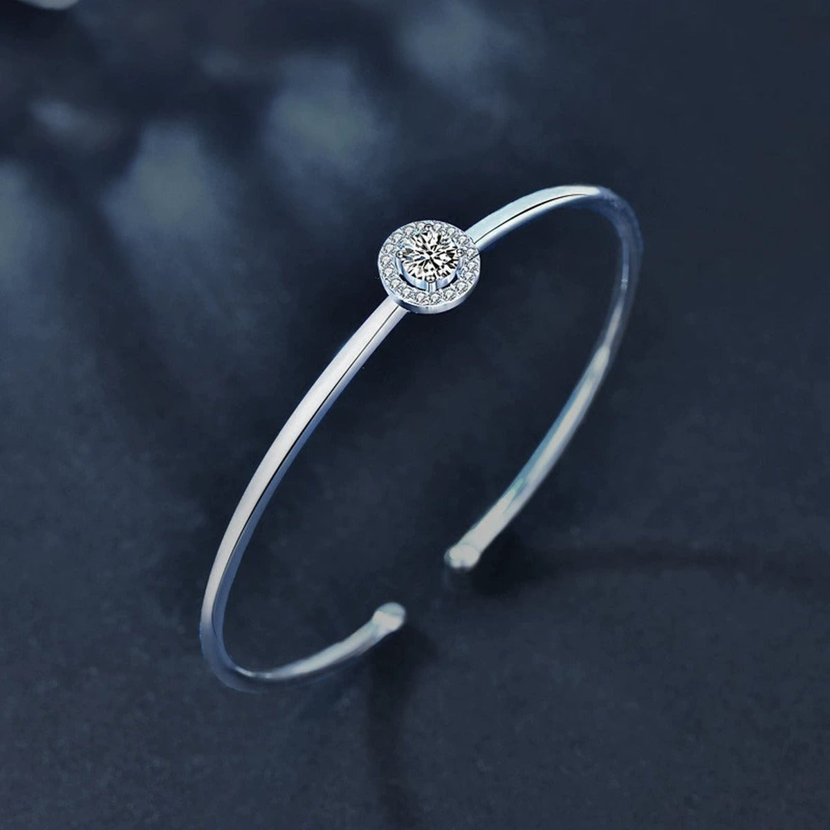 Round Halo Moissanite Adjustable Bangle with CZ in White Gold-Plated S925 sterling silver styled product scene showing stone sparkle and chain detail