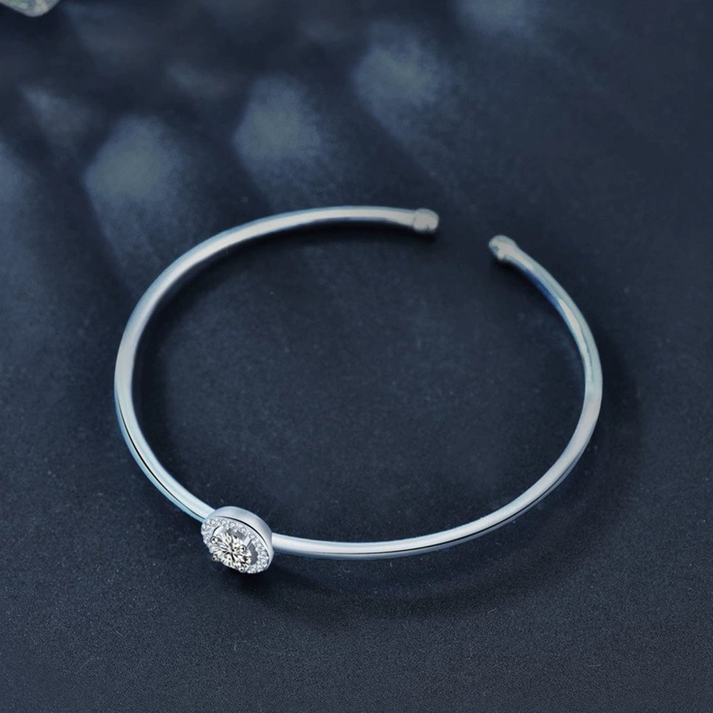 Round Halo Moissanite Adjustable Bangle with CZ in White Gold-Plated S925 sterling silver close-up bracelet detail view showing clasp and motif