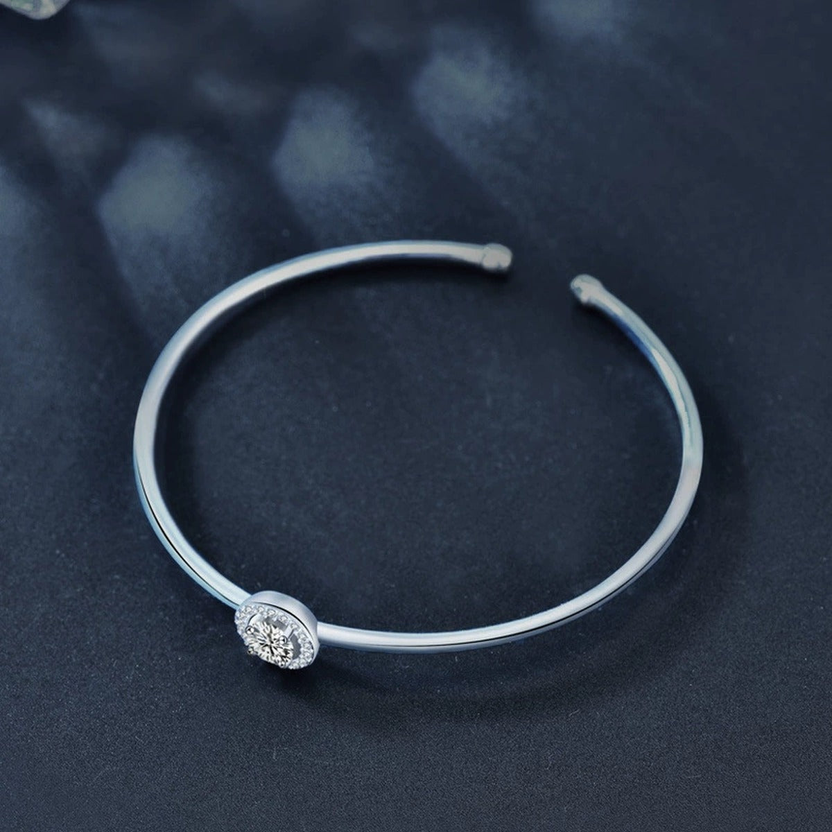Round Halo Moissanite Adjustable Bangle with CZ in White Gold-Plated S925 sterling silver close-up bracelet detail view showing clasp and motif