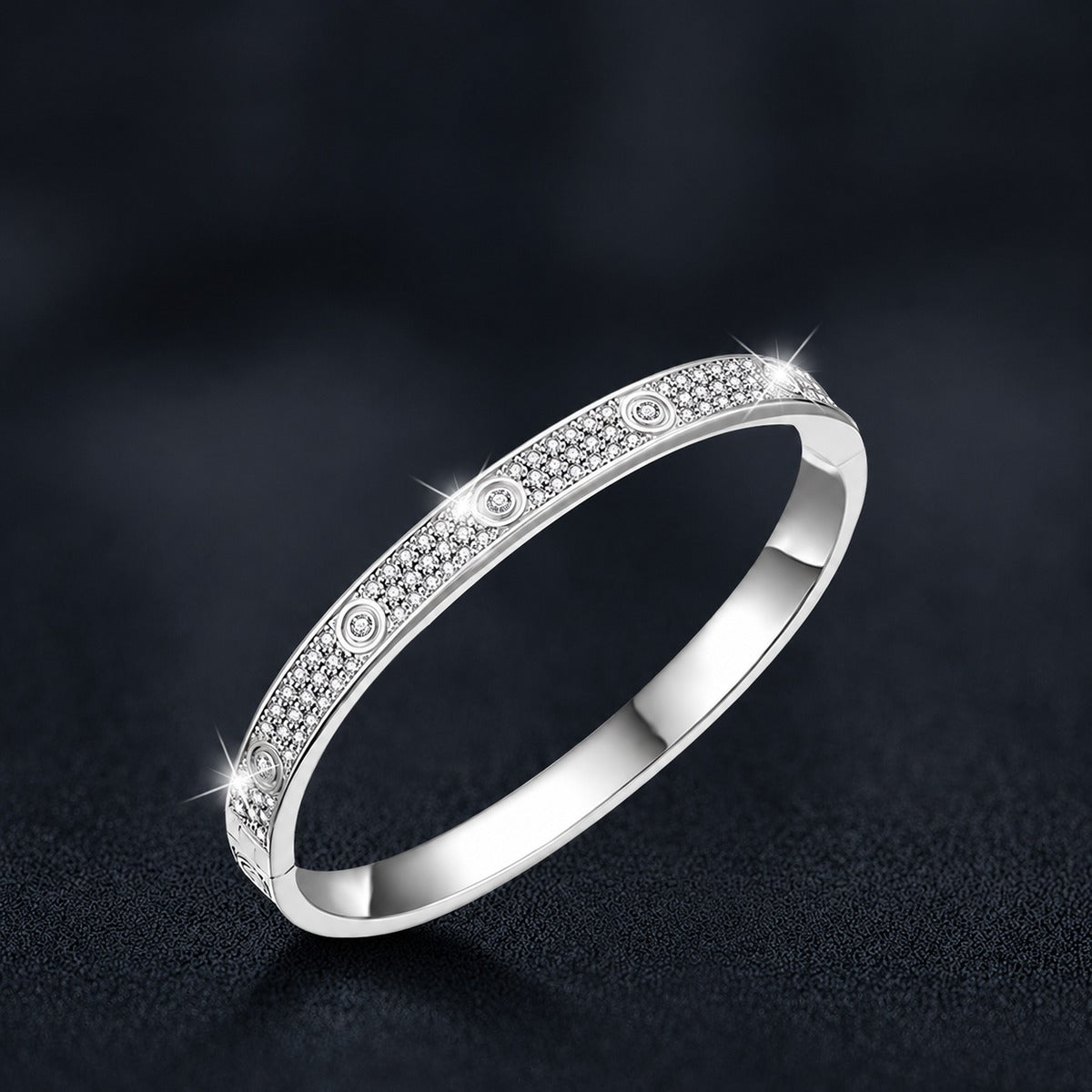 Round Moissanite Eternity Bangle in Gold-Plated S925 sterling silver angled product display showing bracelet silhouette