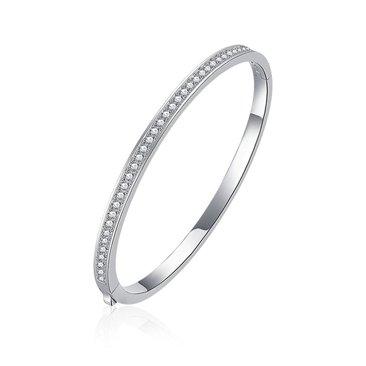 Round Moissanite Eternity Bangle in White Gold-Plated S925 sterling silver white background product photo showing bracelet shape and moissanite setting