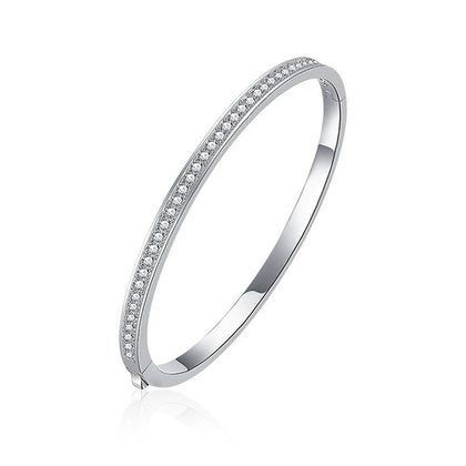 Round Moissanite Eternity Bangle in White Gold-Plated S925 sterling silver white background product photo showing bracelet shape and moissanite setting