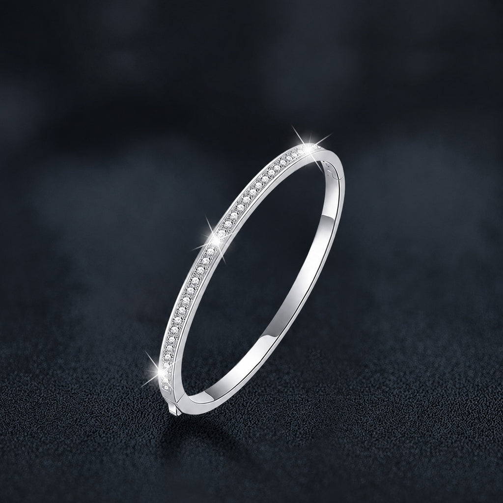 Round Moissanite Eternity Bangle in White Gold-Plated S925 sterling silver styled product scene showing stone sparkle and chain detail