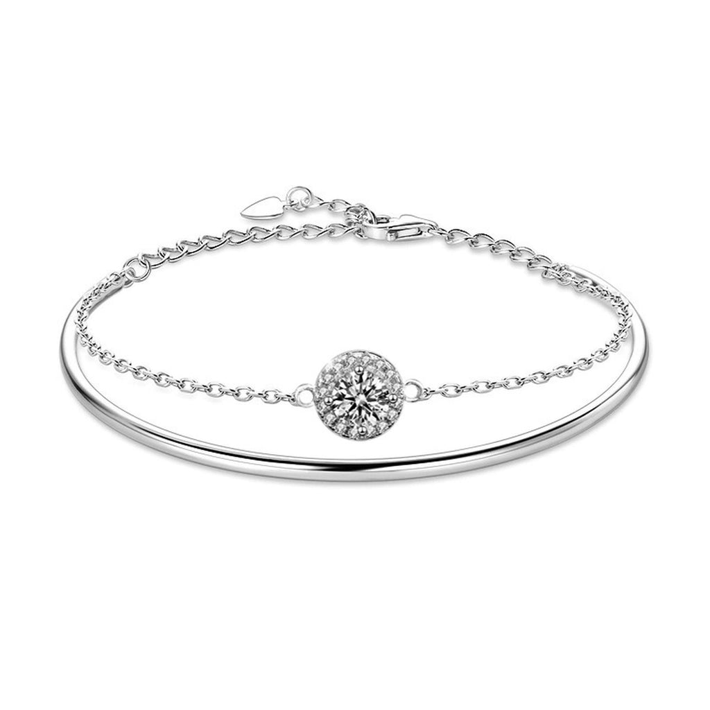 Round Halo Moissanite Chain Bangle with CZ in Gold-Plated S925 sterling silver styled product scene showing stone sparkle and chain detail