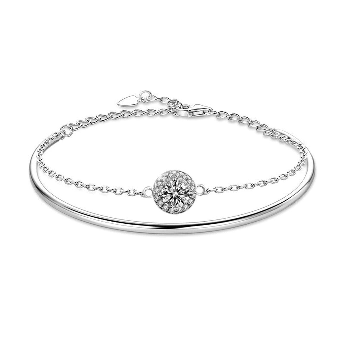 Round Halo Moissanite Chain Bangle with CZ in Gold-Plated S925 sterling silver styled product scene showing stone sparkle and chain detail