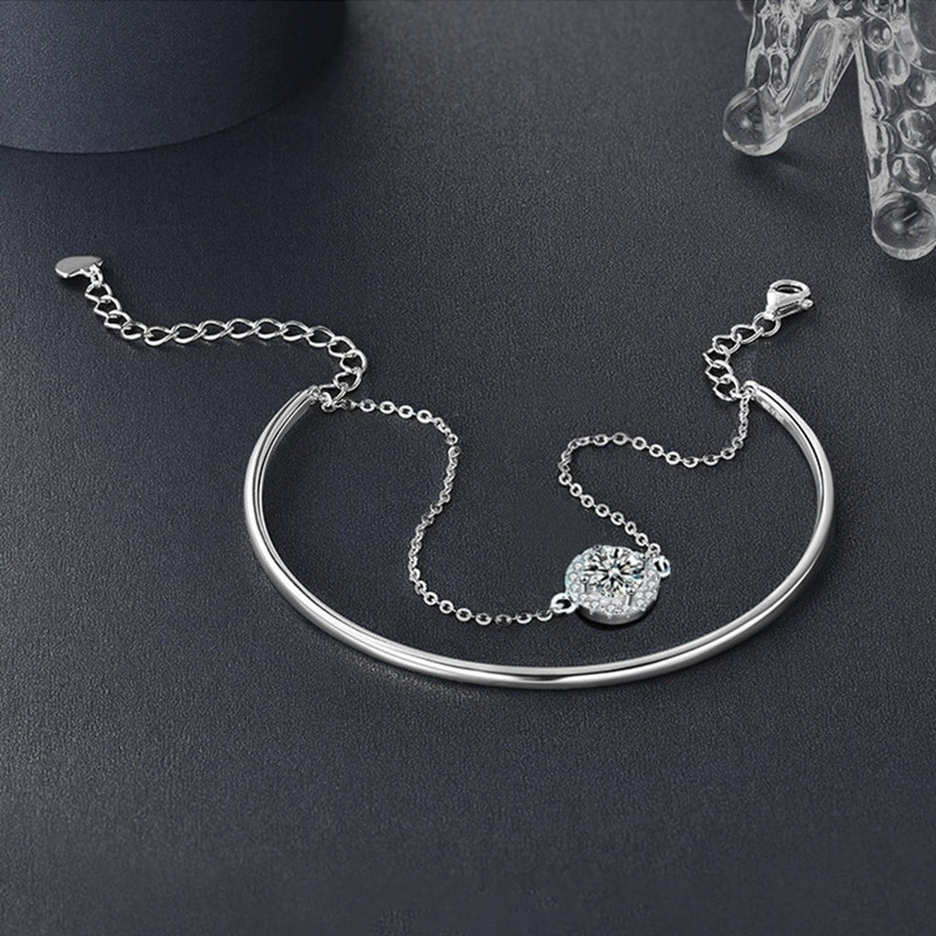 Round Halo Moissanite Chain Bangle with CZ in Gold-Plated S925 sterling silver angled product display showing bracelet silhouette