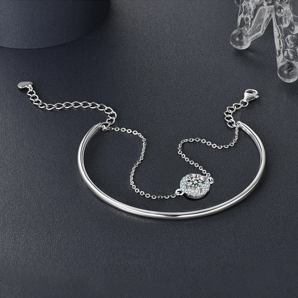 Round Halo Moissanite Chain Bangle with CZ in Gold-Plated S925 sterling silver angled product display showing bracelet silhouette
