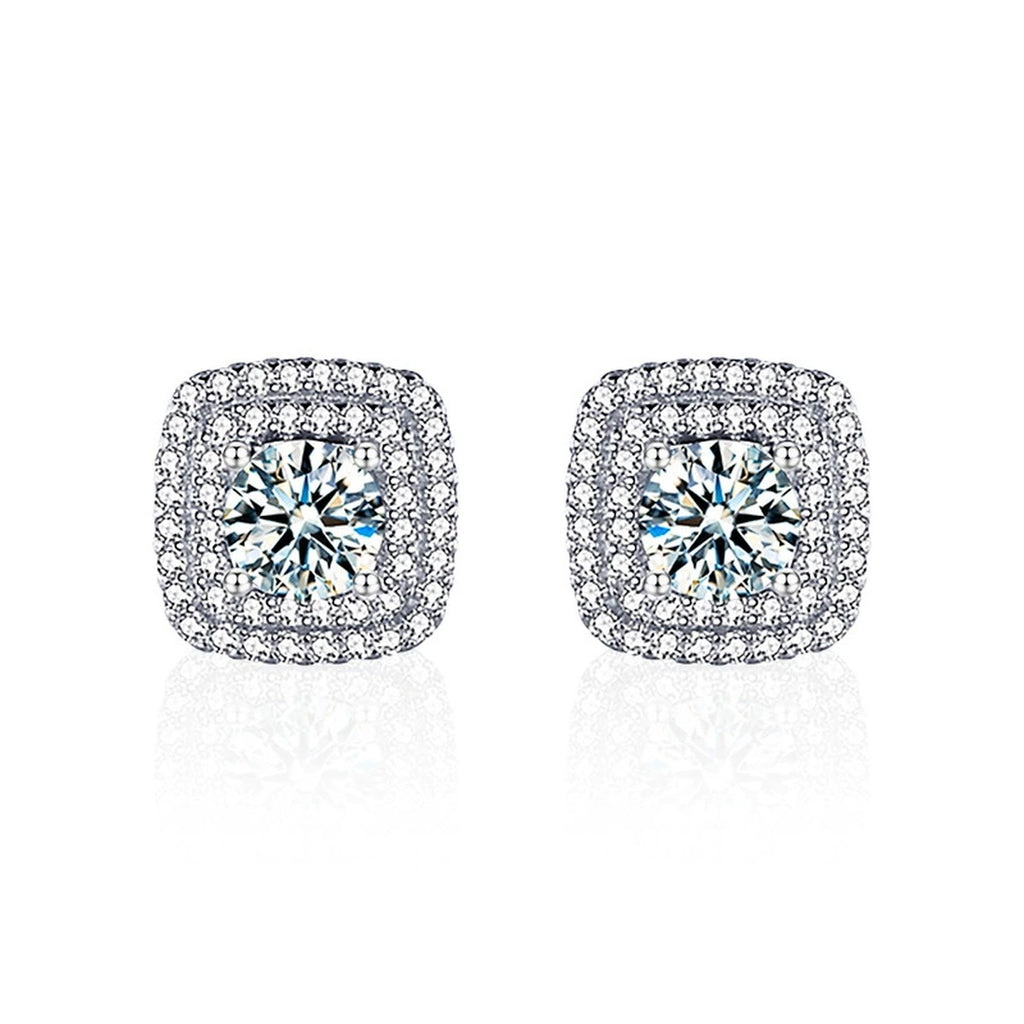 Cushion Halo Round Moissanite Stud Earrings with CZ in White Gold-Plated S925 sterling silver white background product photo showing the pair, stone shape, and stud earrings silhouette