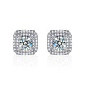 Cushion Halo Round Moissanite Stud Earrings with CZ in White Gold-Plated S925 sterling silver white background product photo showing the pair, stone shape, and stud earrings silhouette