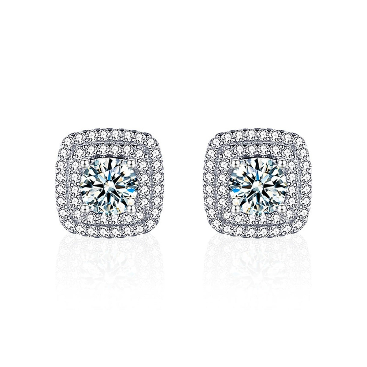 Cushion Halo Round Moissanite Stud Earrings with CZ in White Gold-Plated S925 sterling silver white background product photo showing the pair, stone shape, and stud earrings silhouette