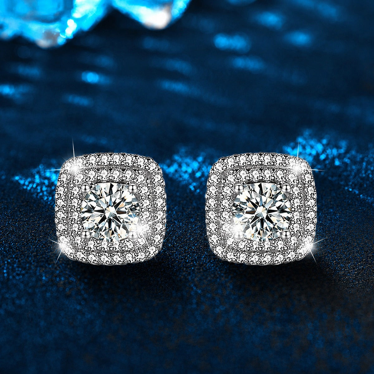 Cushion Halo Round Moissanite Stud Earrings with CZ in White Gold-Plated S925 sterling silver product scene view showing front sparkle
